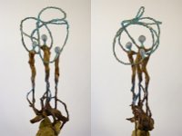 Three Worlds  Trees were sacred to the Celts. Their roots lay in the underworld,  their trunks in the earthworld and their branches reached into the skyworld,  physically uniting heaven and earth and making Earth Goddess and Sky God one.  Constructed from found rock, tree roots, armature wire and epoxy, Three Worlds is a representation of this ancient belief.   The three figures personify the many triple gods and goddesses to be found throughout the Celtic world. They can also can be seen, as forming the trunk of the tree which, growing from one root, takes three distinct pathways before coming together again in the sky above. 41 x 15 x 13 inches   $3995.00